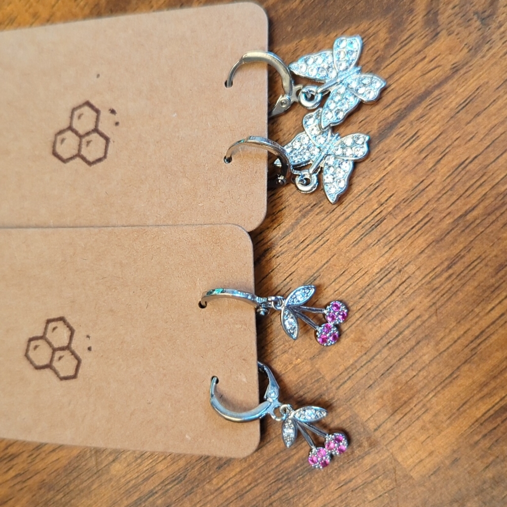 Dainty Silver Earring Set - Cherries and Butterflies